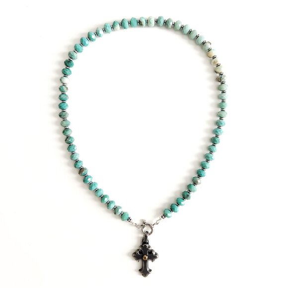 CHRYSOPRASE NECKLACE W/ 925 SILVER CROSS--18" - Picture 4 of 4